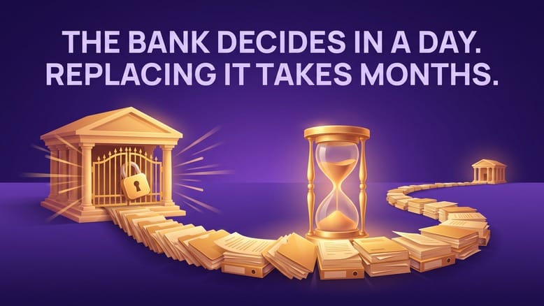 A bank's gate padlocked shut, while a long road of paperwork winds past an hourglass to a distant new bank