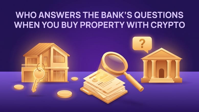A house with its keys, a bank with a question, and source-of-funds documents under a magnifying glass between them